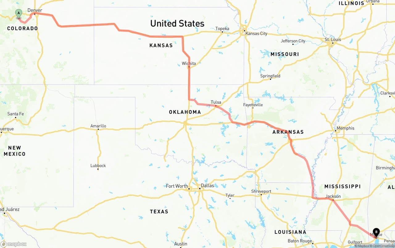 Shipping route from Colorado to Port of Mobile