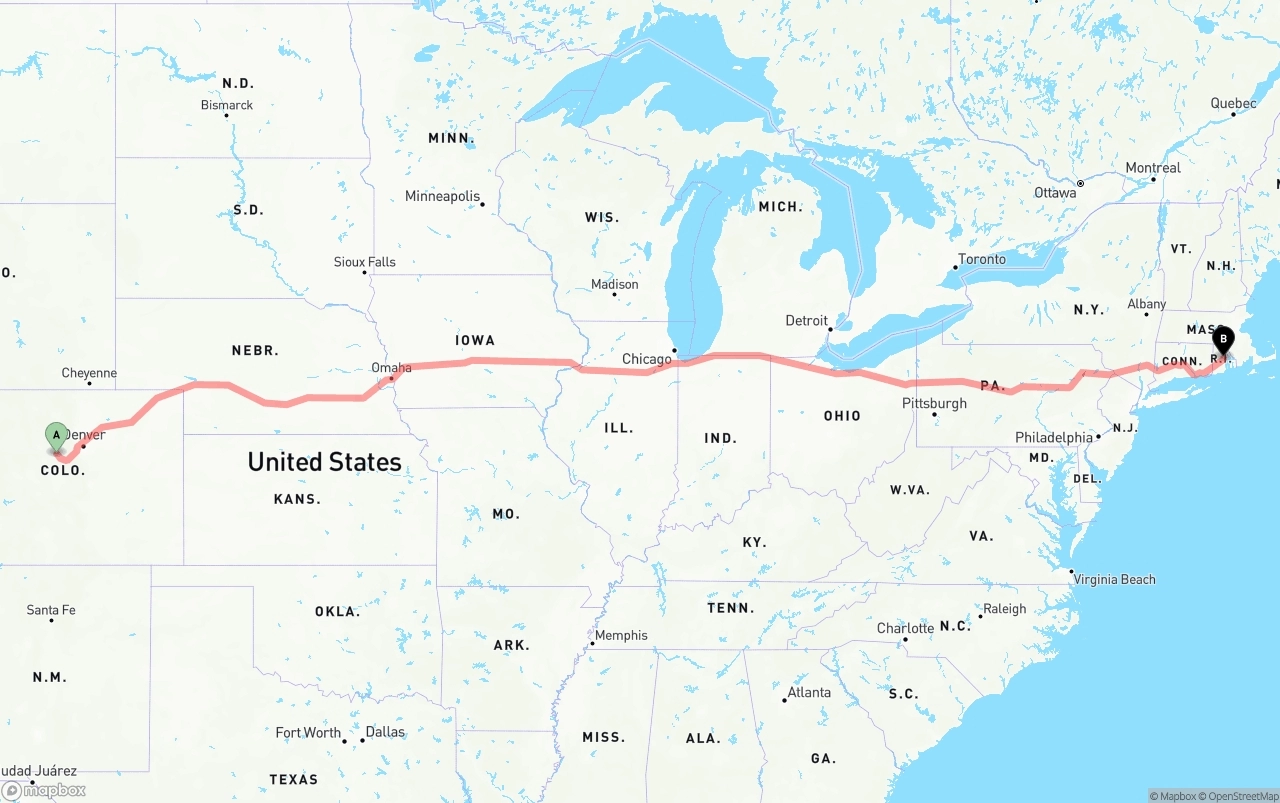 Shipping route from Colorado to Rhode Island
