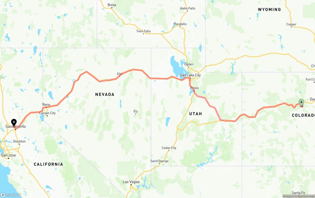 Shipping route from Colorado to Sacramento International Airport