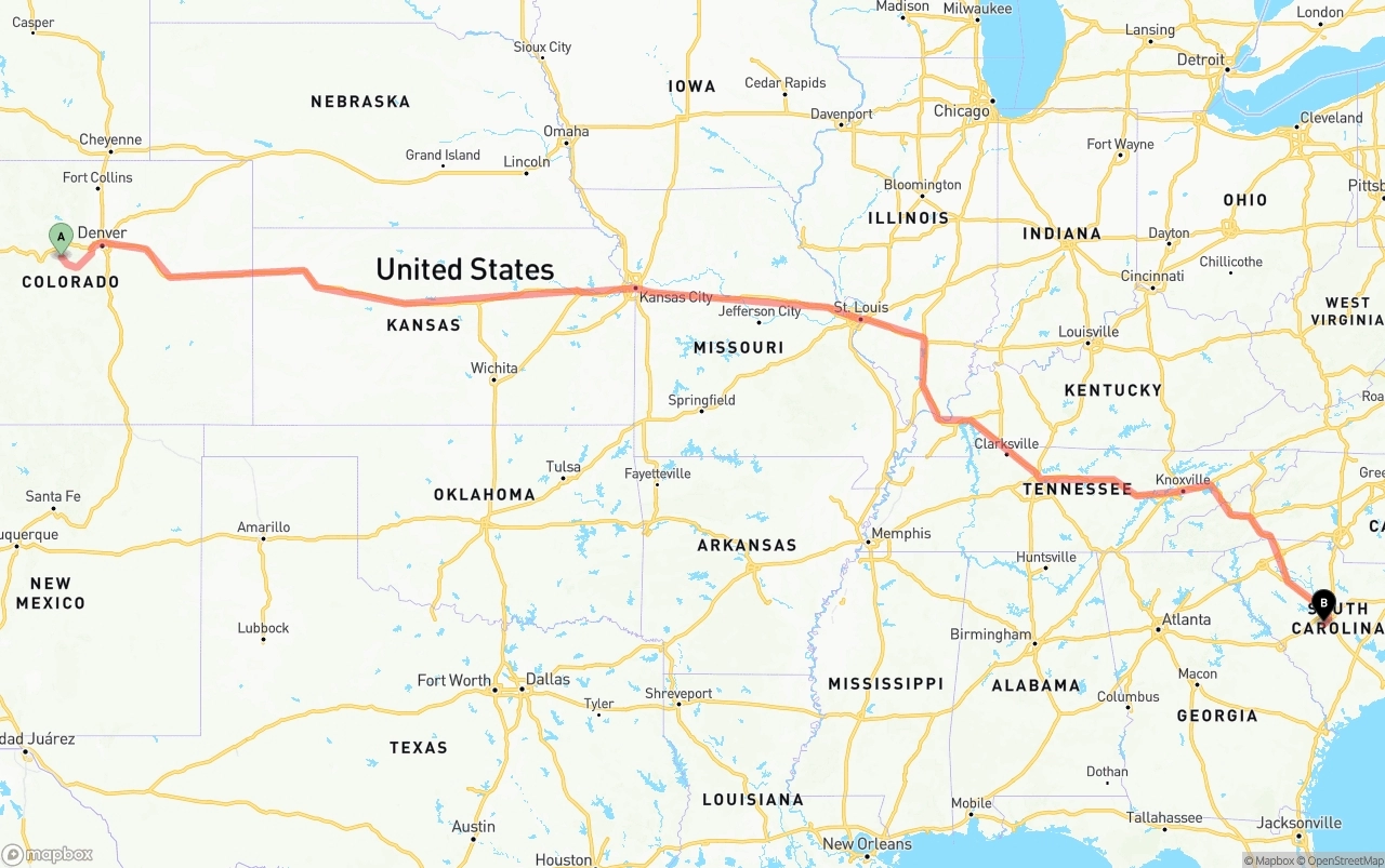 Shipping route from Colorado to South Carolina