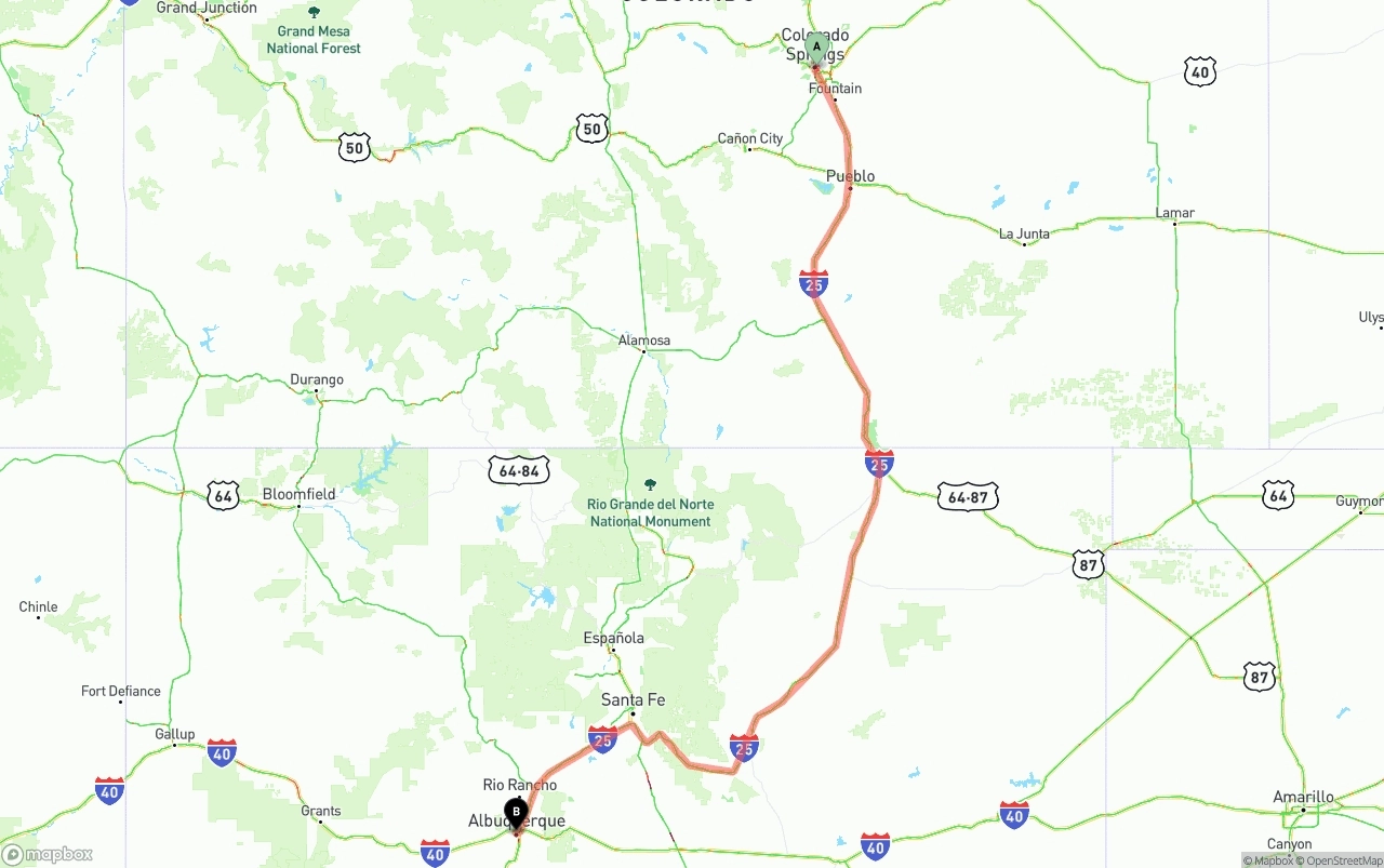 Shipping route from Colorado Springs to Albuquerque