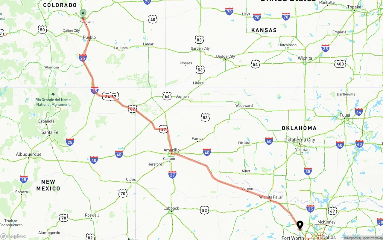 Shipping route from Colorado Springs to Aurora