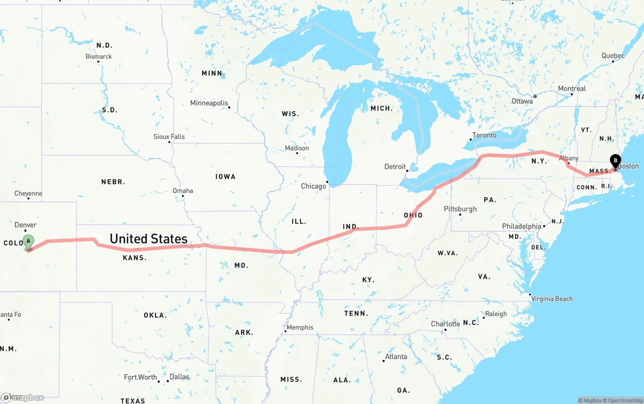Shipping route from Colorado Springs to Boston
