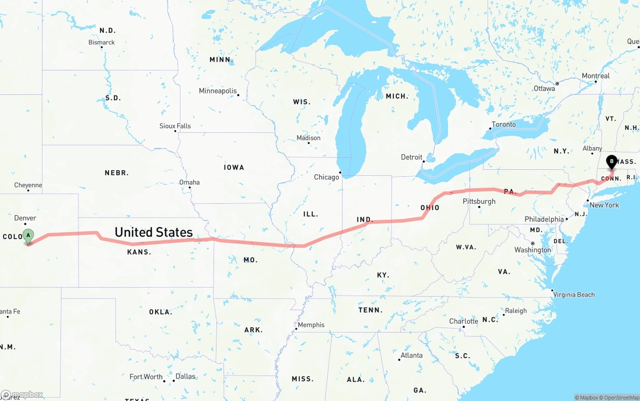 Shipping route from Colorado Springs to Bradley International Airport