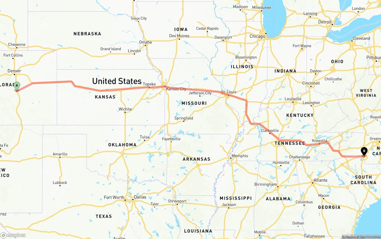 Shipping route from Colorado Springs to Charlotte