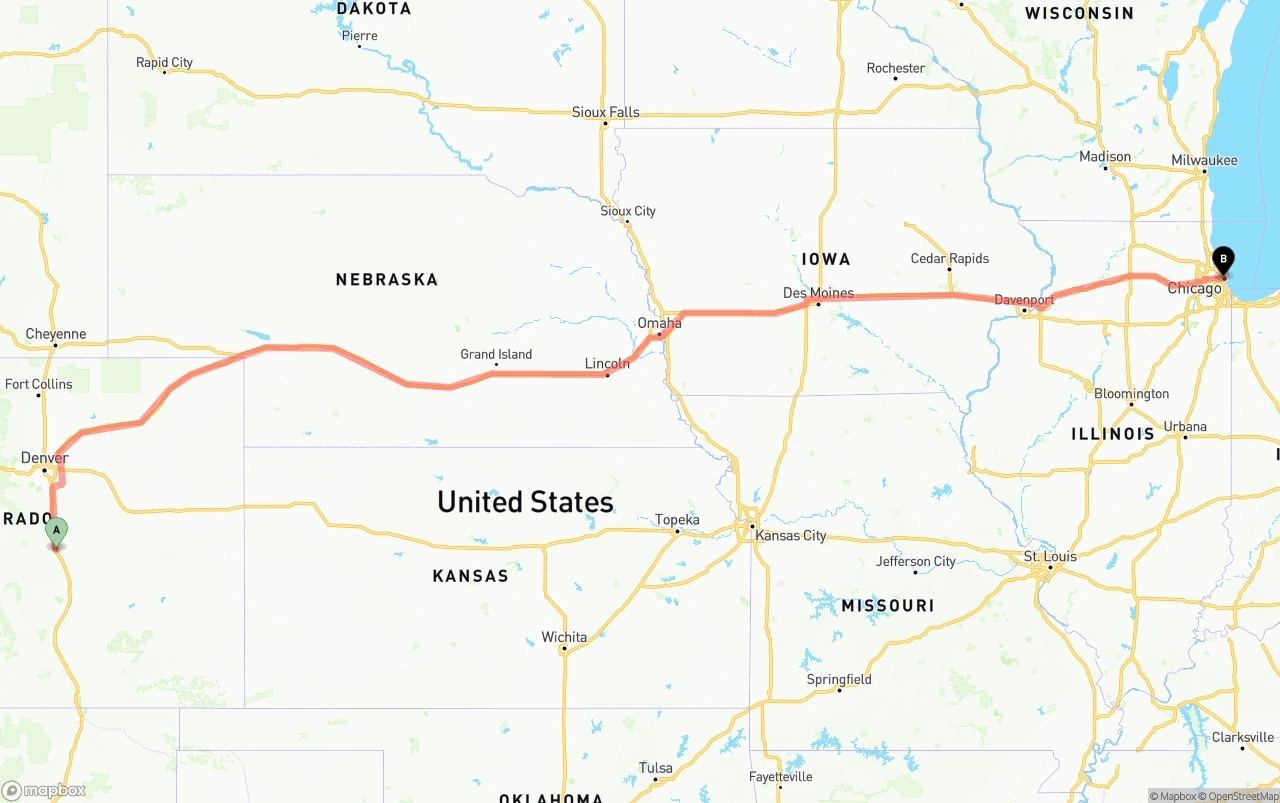 Shipping route from Colorado Springs to Chicago