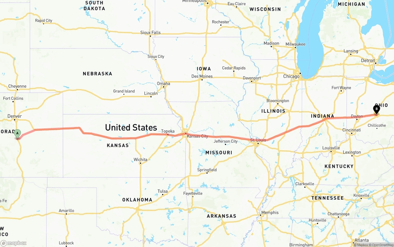 Shipping route from Colorado Springs to Columbus