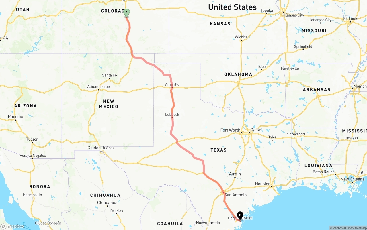 Shipping route from Colorado Springs to Corpus Christi