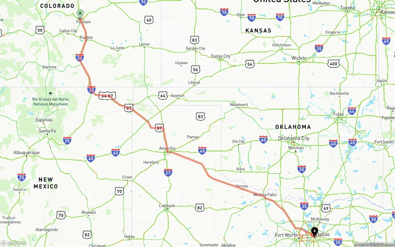 Shipping route from Colorado Springs to Dallas