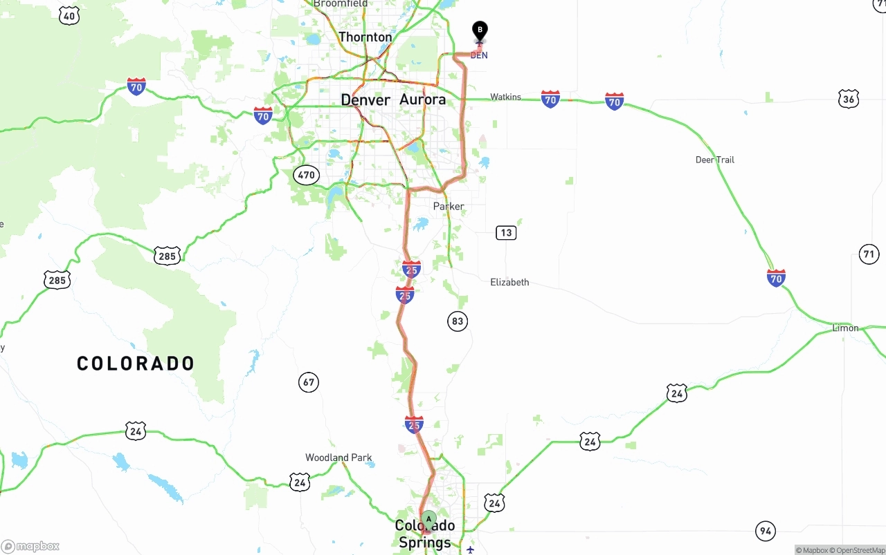 Shipping route from Colorado Springs to Denver International Airport