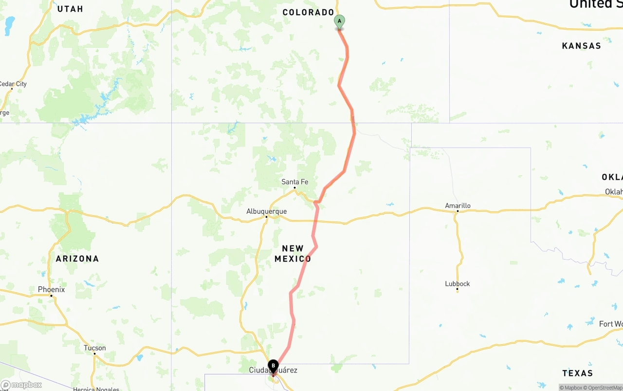 Shipping route from Colorado Springs to El Paso