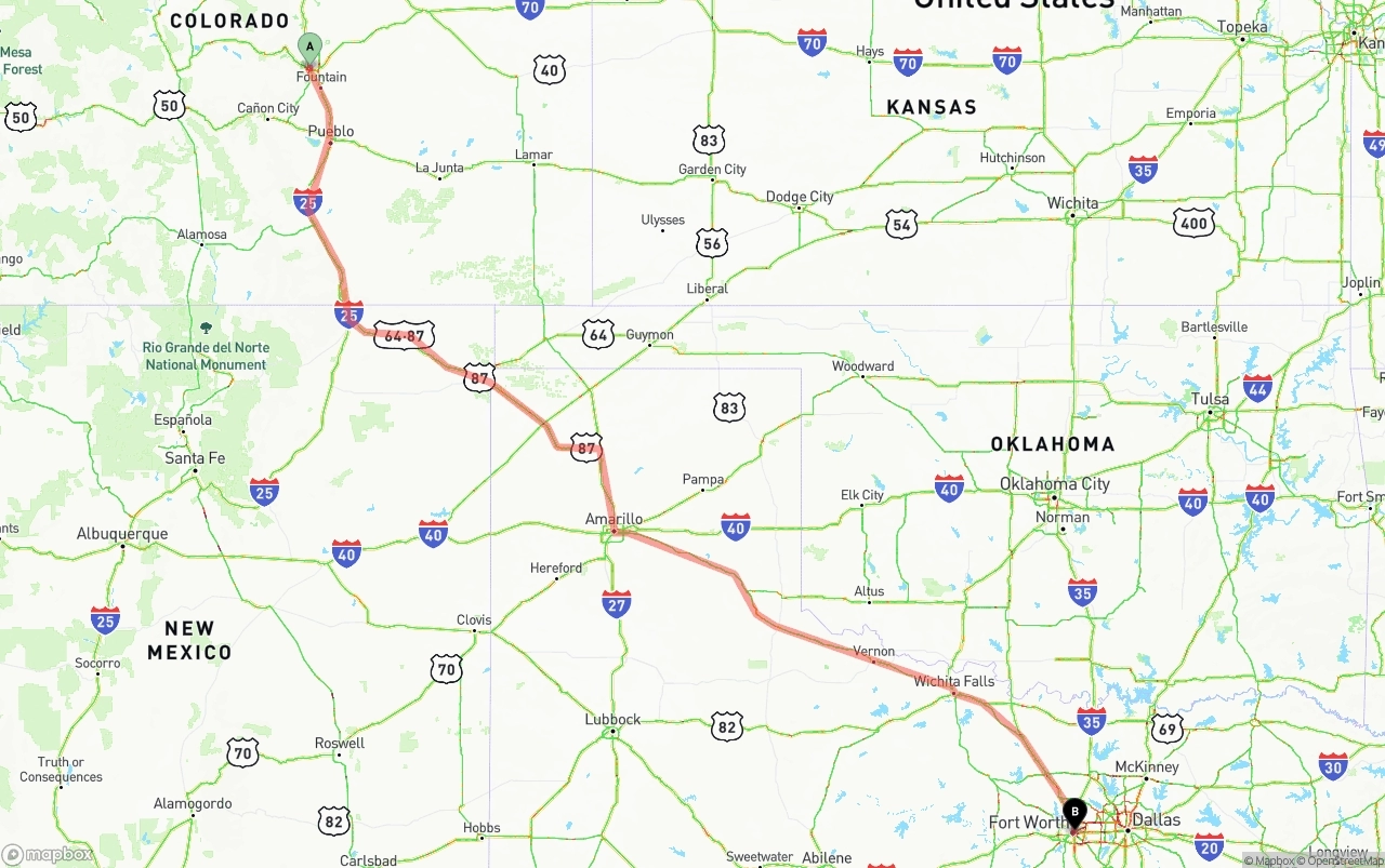 Shipping route from Colorado Springs to Fort Worth