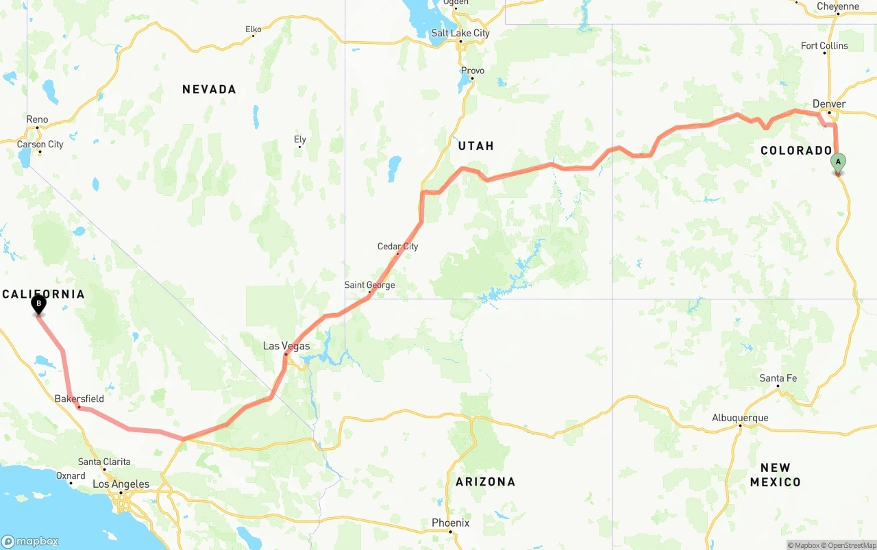 Shipping route from Colorado Springs to Fresno