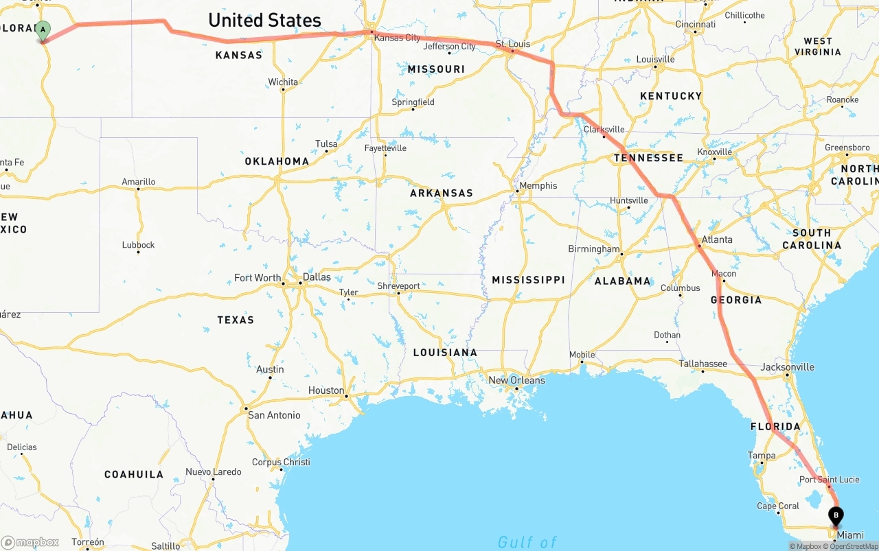 Shipping route from Colorado Springs to Ft. Lauderdale