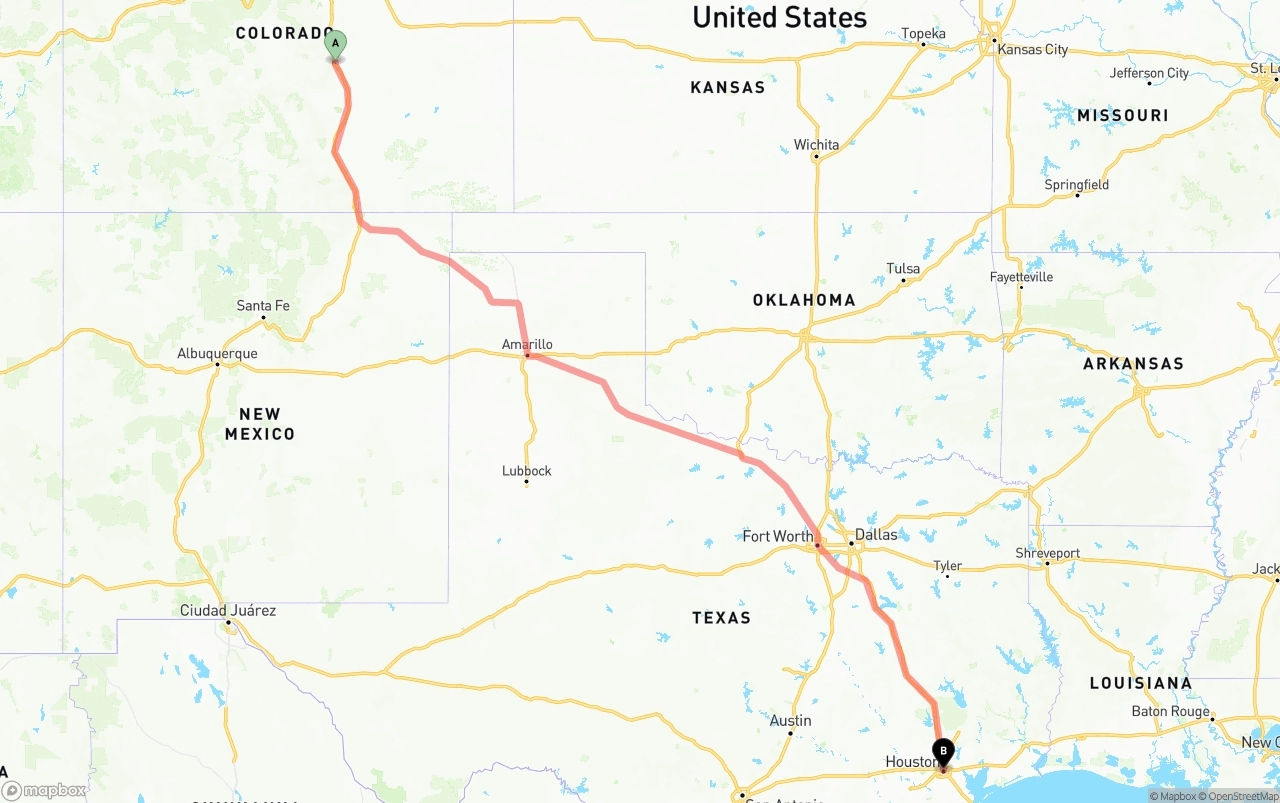 Shipping route from Colorado Springs to Houston