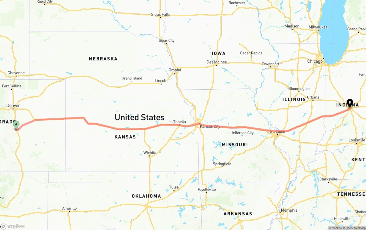 Shipping route from Colorado Springs to Indianapolis