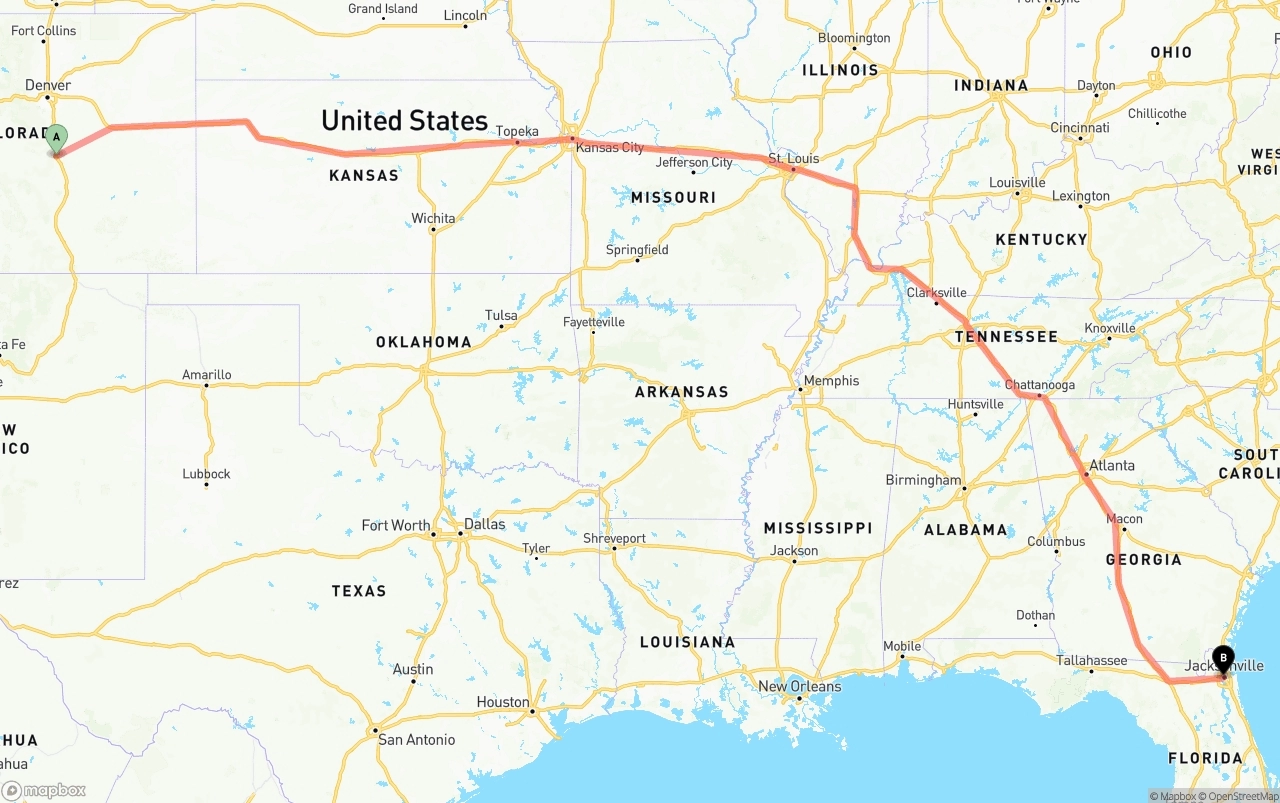 Shipping route from Colorado Springs to Jacksonville