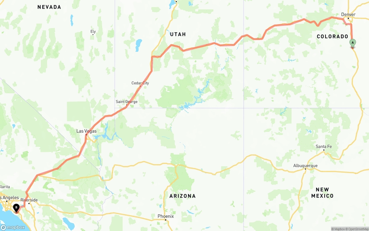 Shipping route from Colorado Springs to John Wayne Airport — Orange County