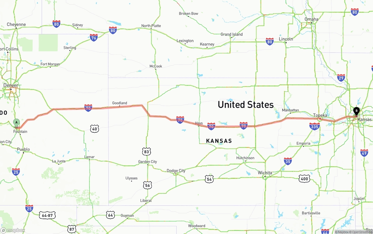 Shipping route from Colorado Springs to Kansas City