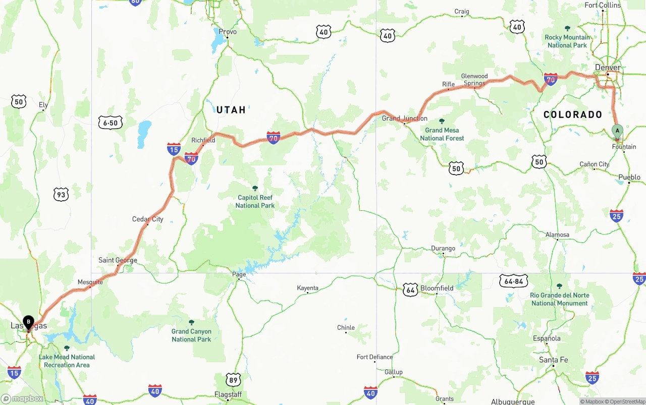 Shipping route from Colorado Springs to Las Vegas