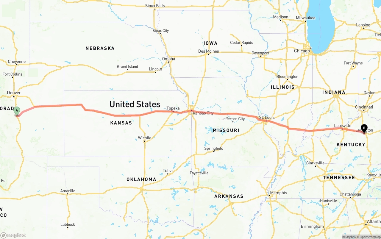 Shipping route from Colorado Springs to Lexington
