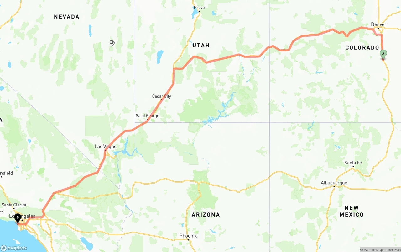 Shipping route from Colorado Springs to Los Angeles International Airport