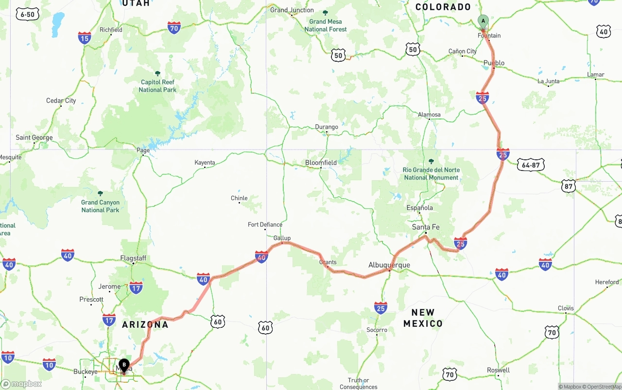 Shipping route from Colorado Springs to Mesa