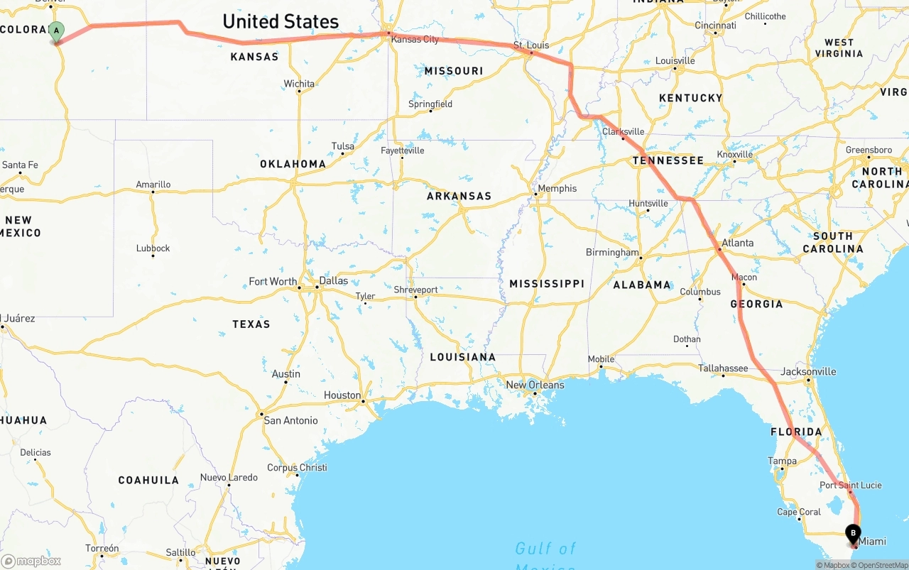 Shipping route from Colorado Springs to Miami International Airport