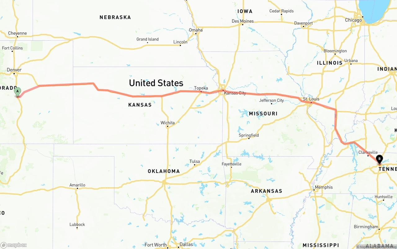 Shipping route from Colorado Springs to Nashville