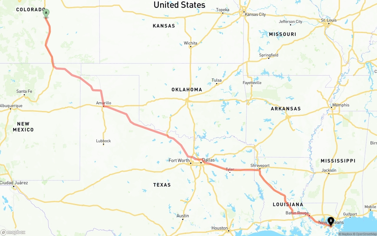 Shipping route from Colorado Springs to New Orleans