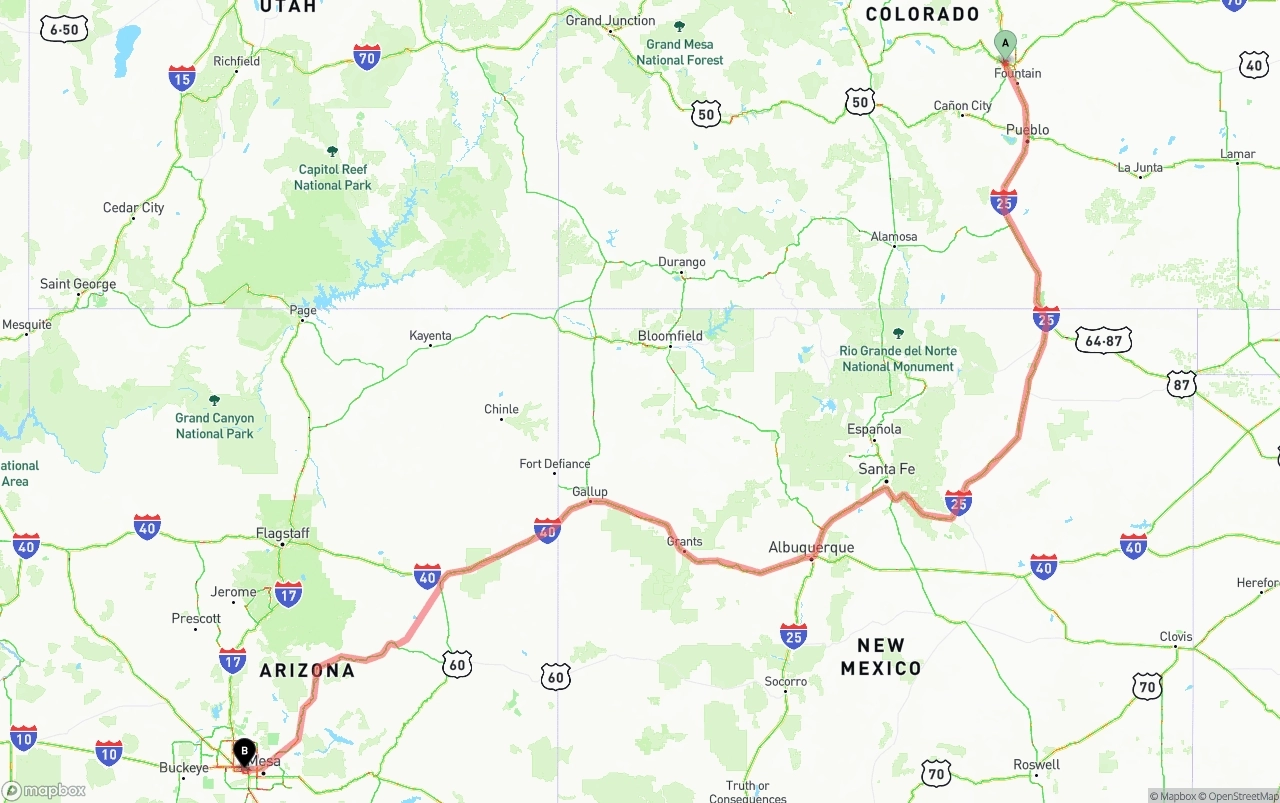 Shipping route from Colorado Springs to Phoenix Sky Harbor International Airport