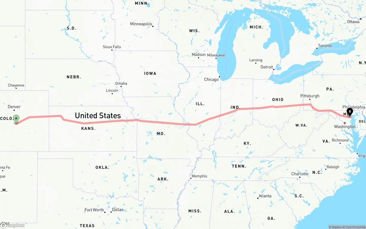 Shipping route from Colorado Springs to Port of Baltimore
