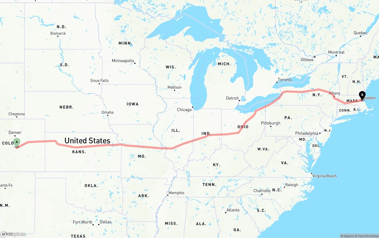 Shipping route from Colorado Springs to Port of Boston