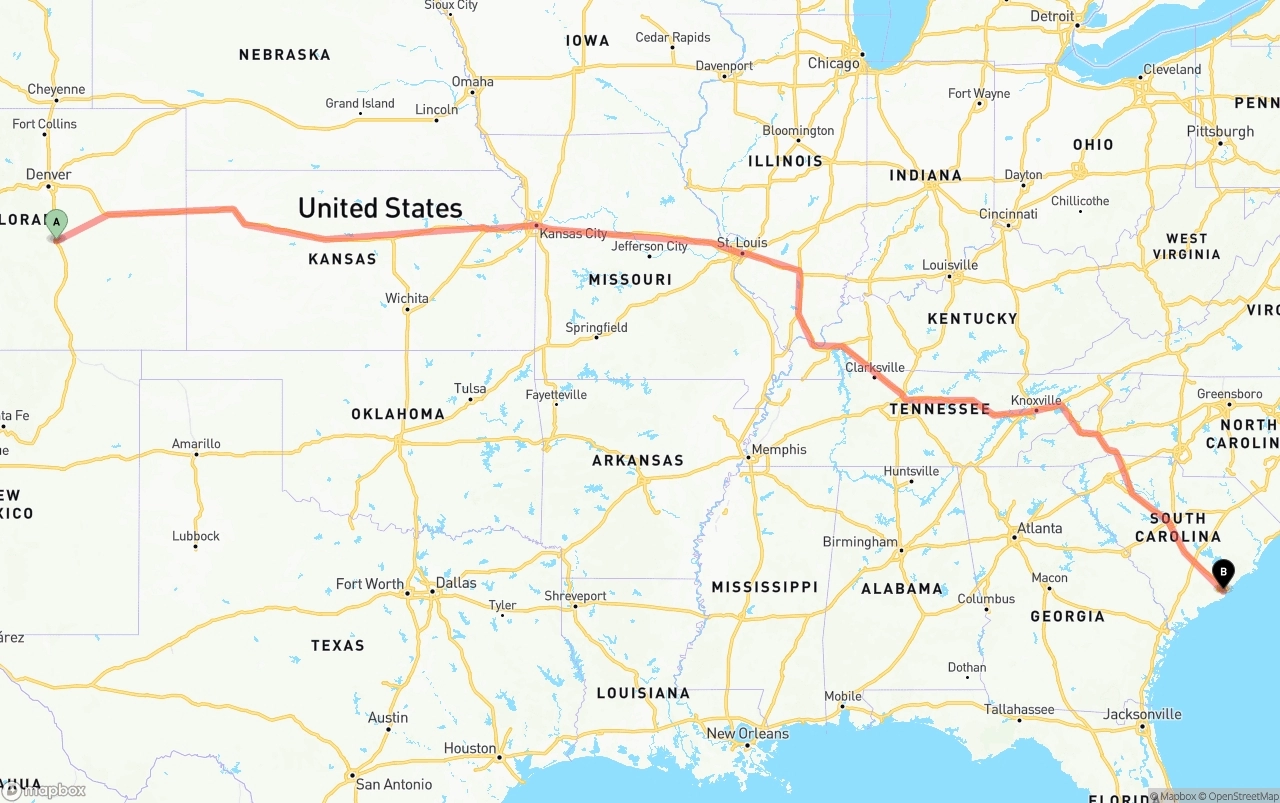 Shipping route from Colorado Springs to Port of Charleston