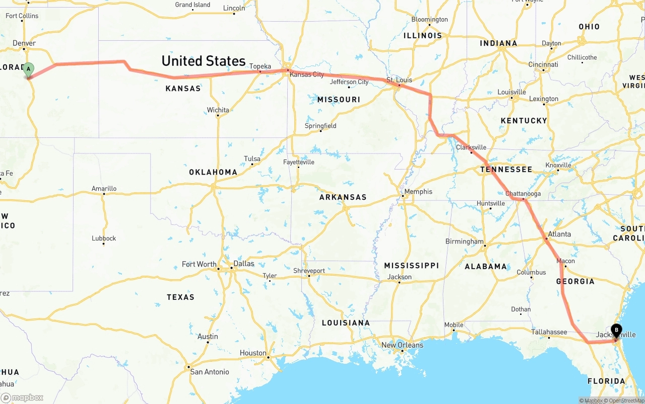 Shipping route from Colorado Springs to Port of Jacksonville