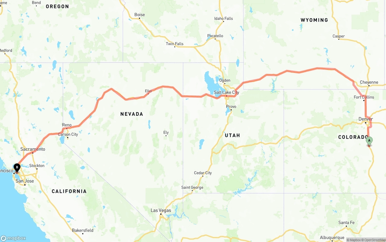 Shipping route from Colorado Springs to Port of Oakland