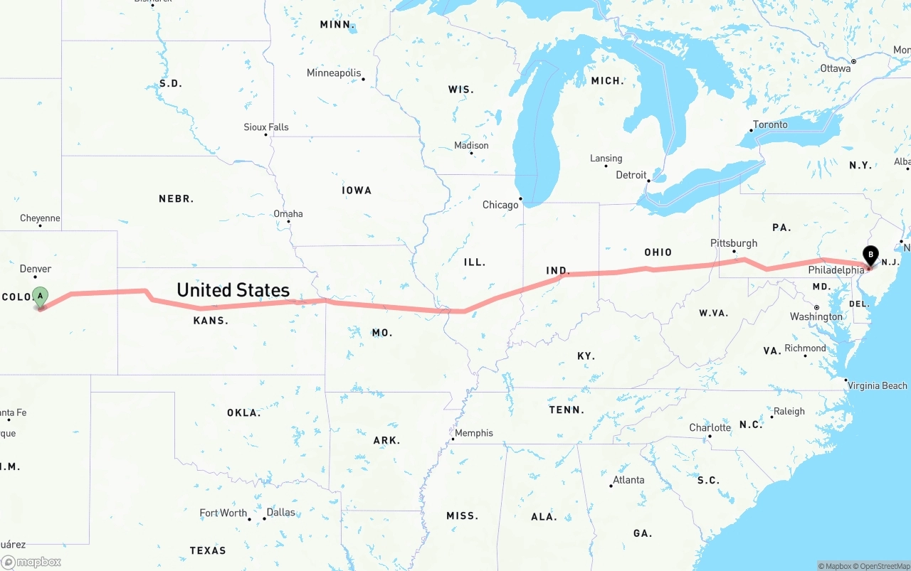 Shipping route from Colorado Springs to Port of Philadelphia