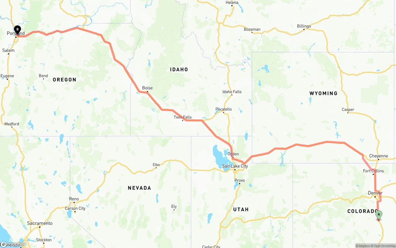 Shipping route from Colorado Springs to Port of Portland