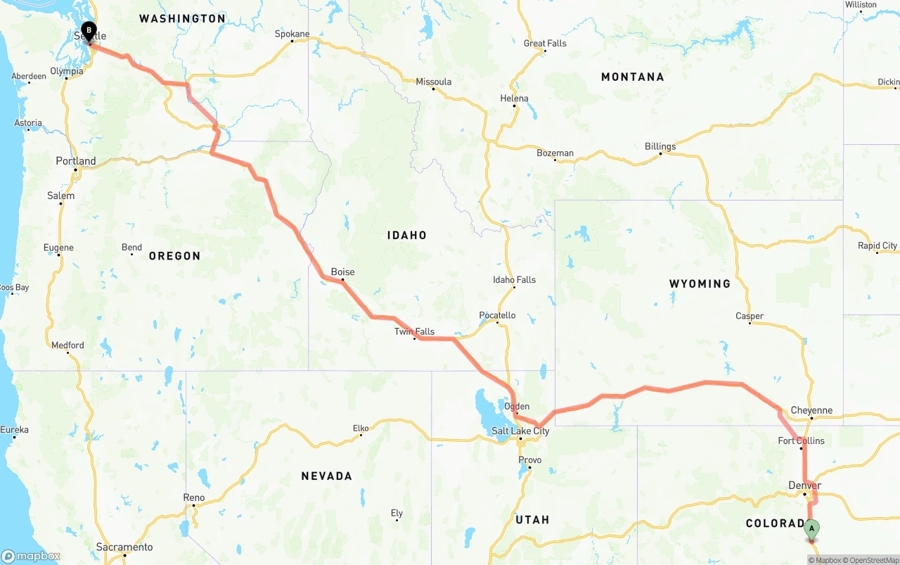 Shipping route from Colorado Springs to Port of Seattle
