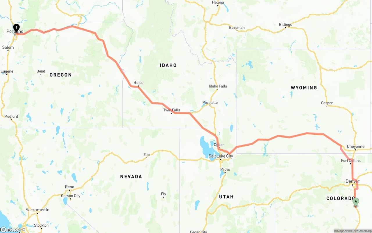 Shipping route from Colorado Springs to Portland International Airport