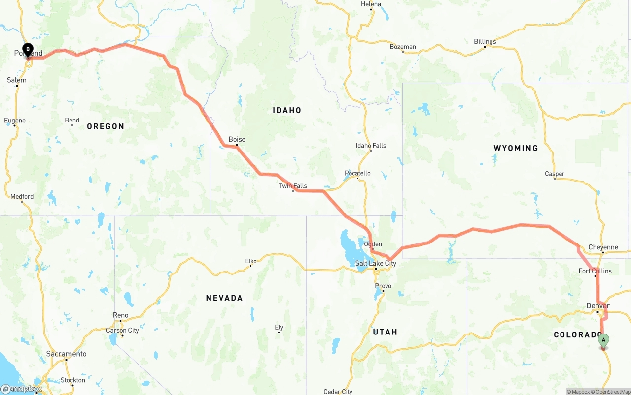 Shipping route from Colorado Springs to Portland