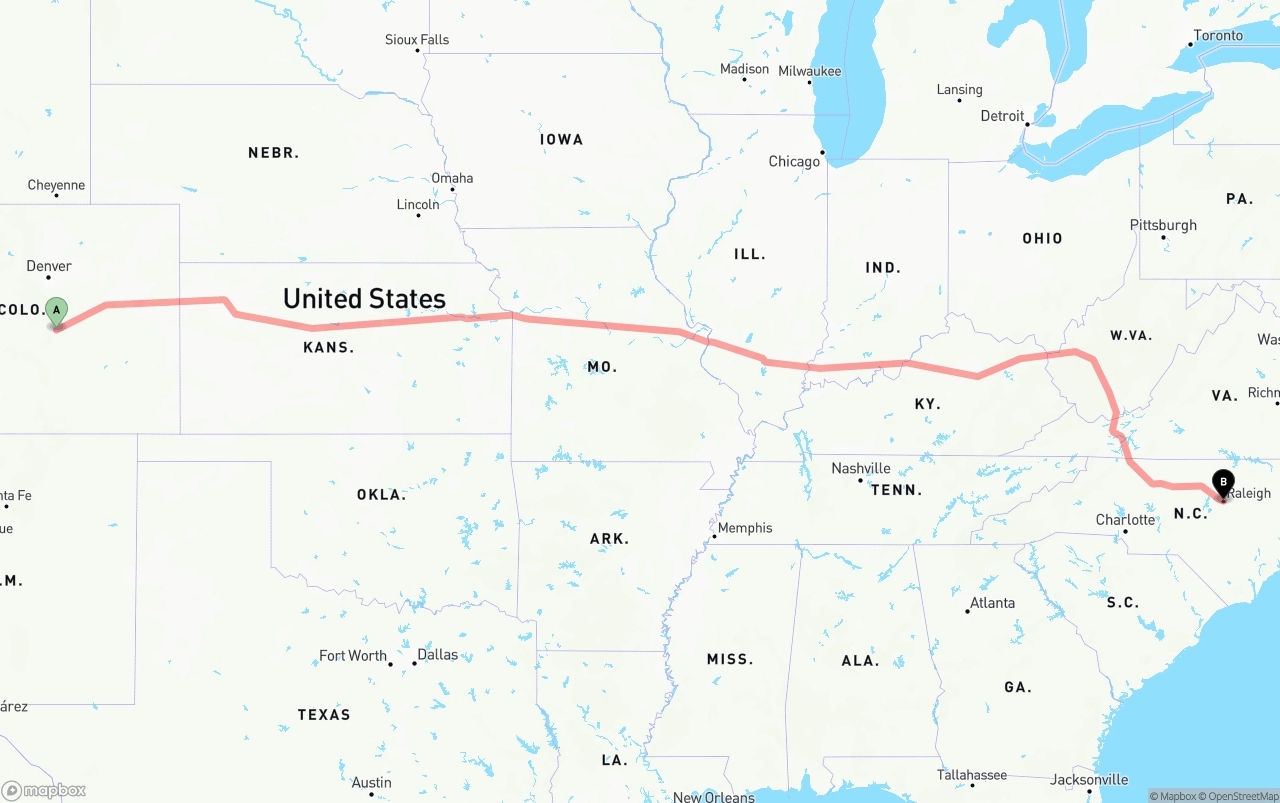 Shipping route from Colorado Springs to Raleigh