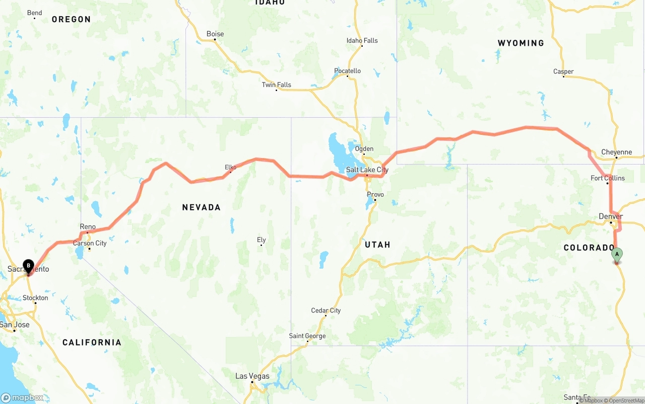 Shipping route from Colorado Springs to Sacramento