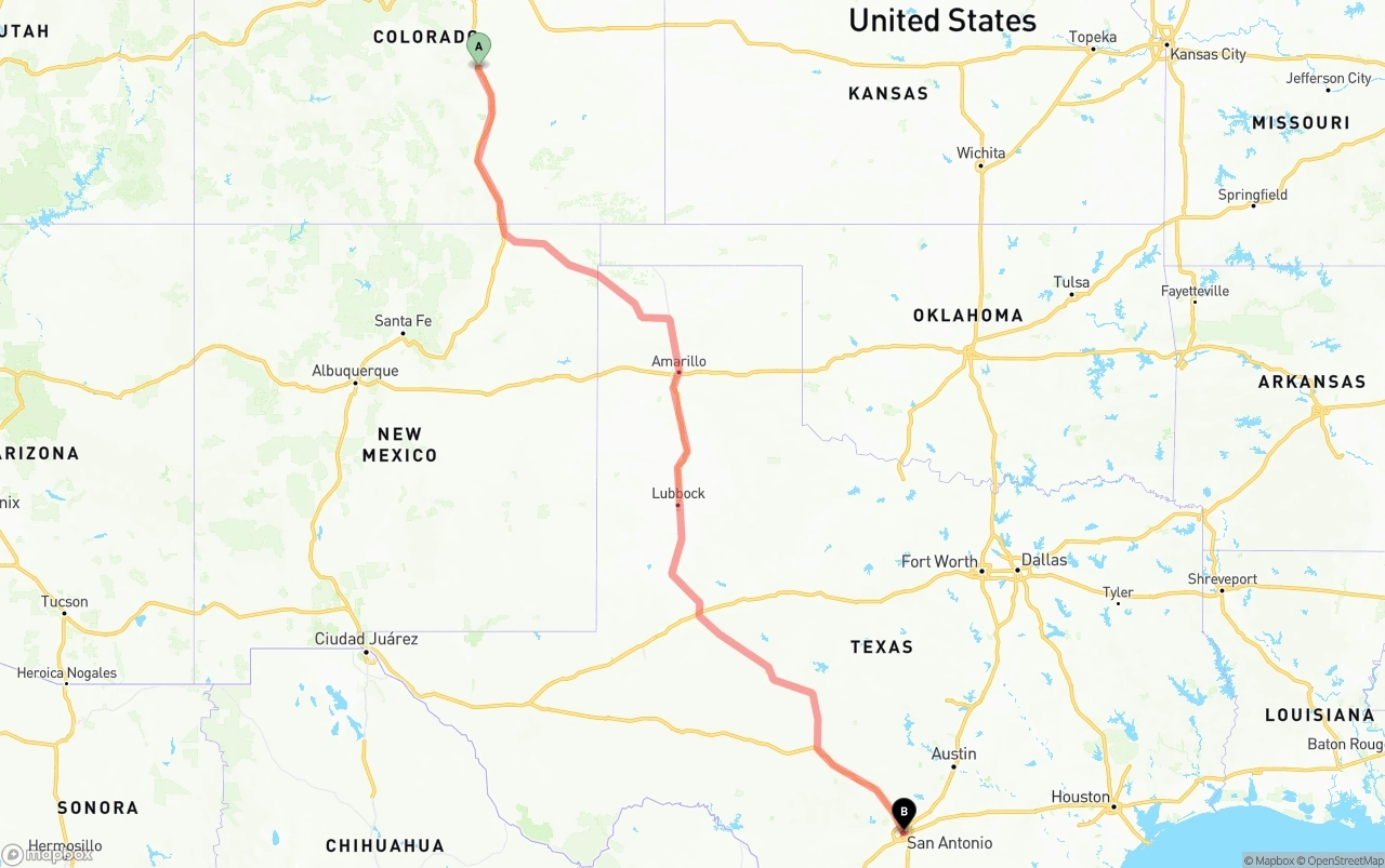 Shipping route from Colorado Springs to San Antonio