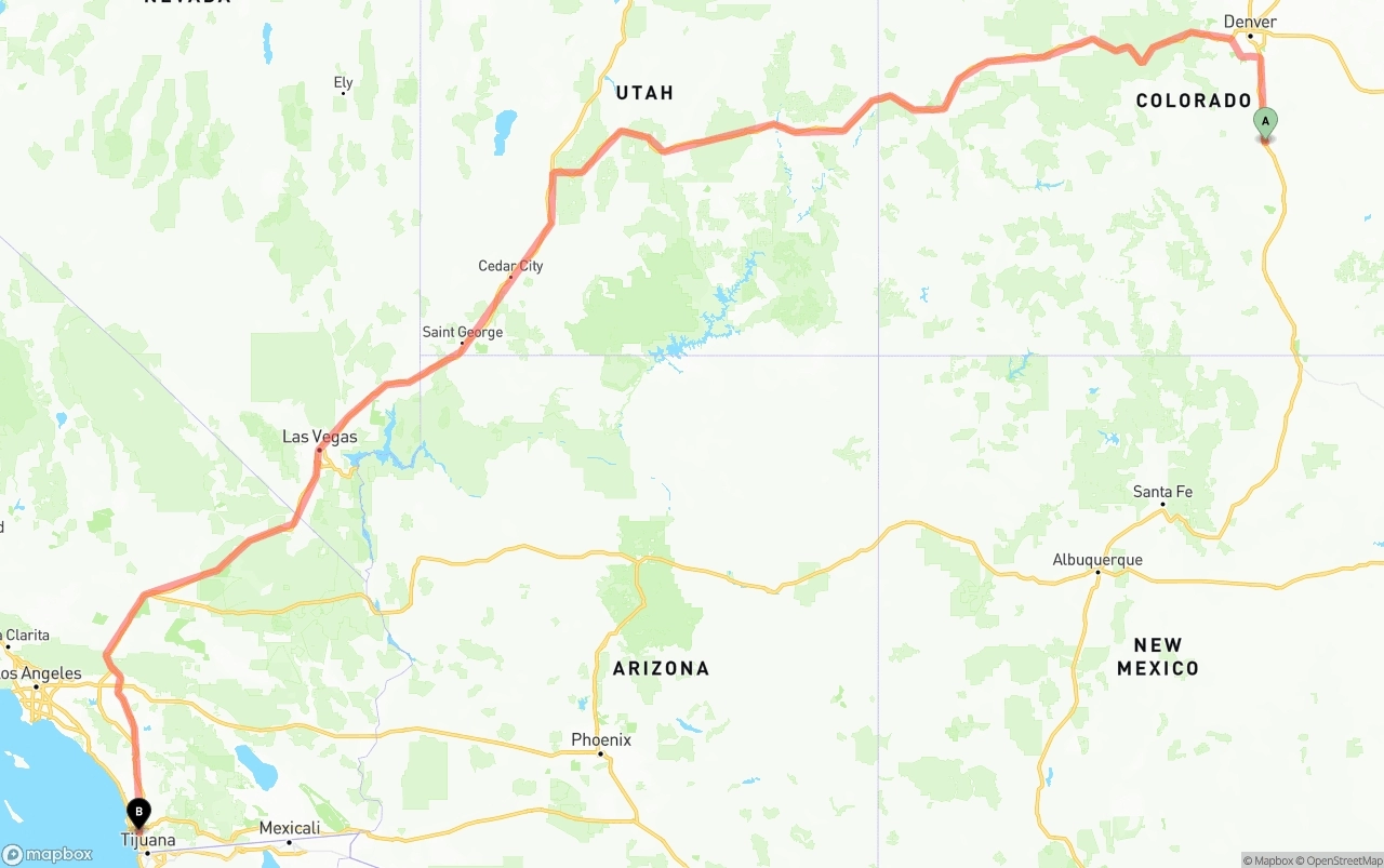 Shipping route from Colorado Springs to San Diego