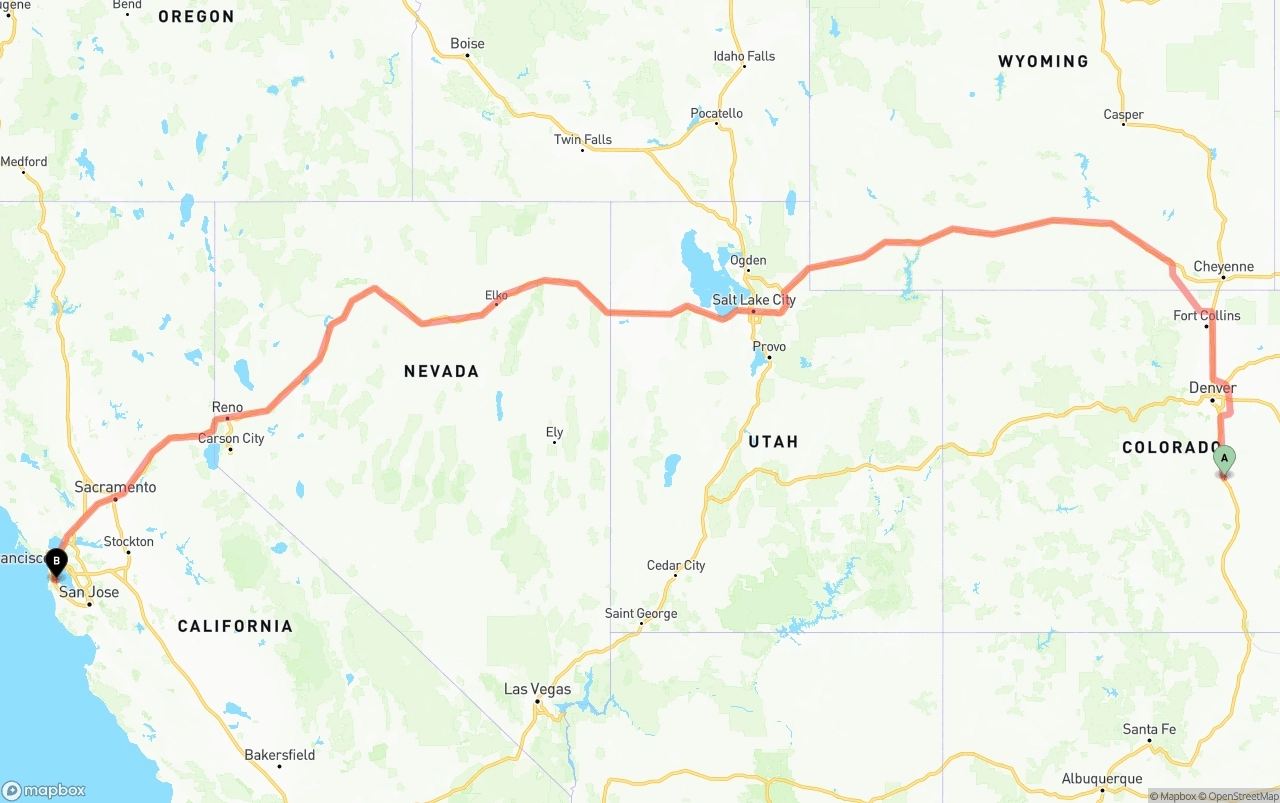 Shipping route from Colorado Springs to San Francisco International Airport