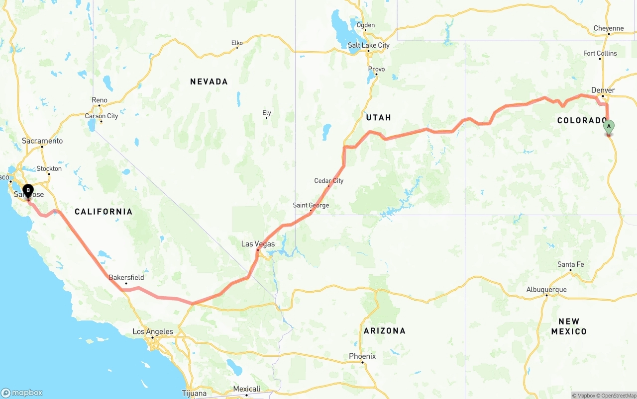 Shipping route from Colorado Springs to San Jose