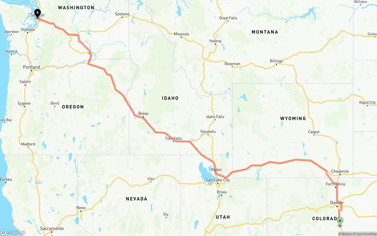 Shipping route from Colorado Springs to Seattle