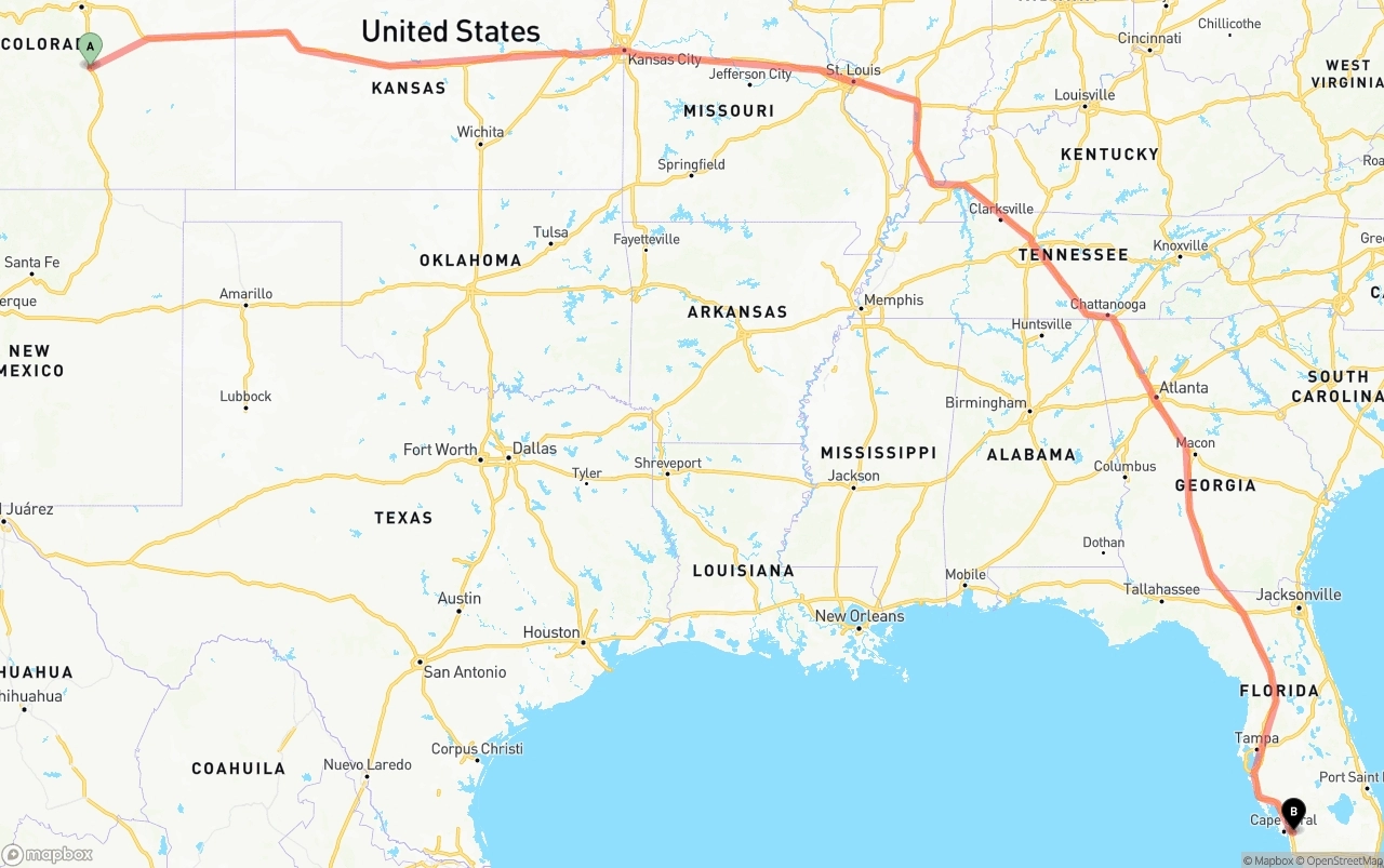 Shipping route from Colorado Springs to Southwest Florida International Airport
