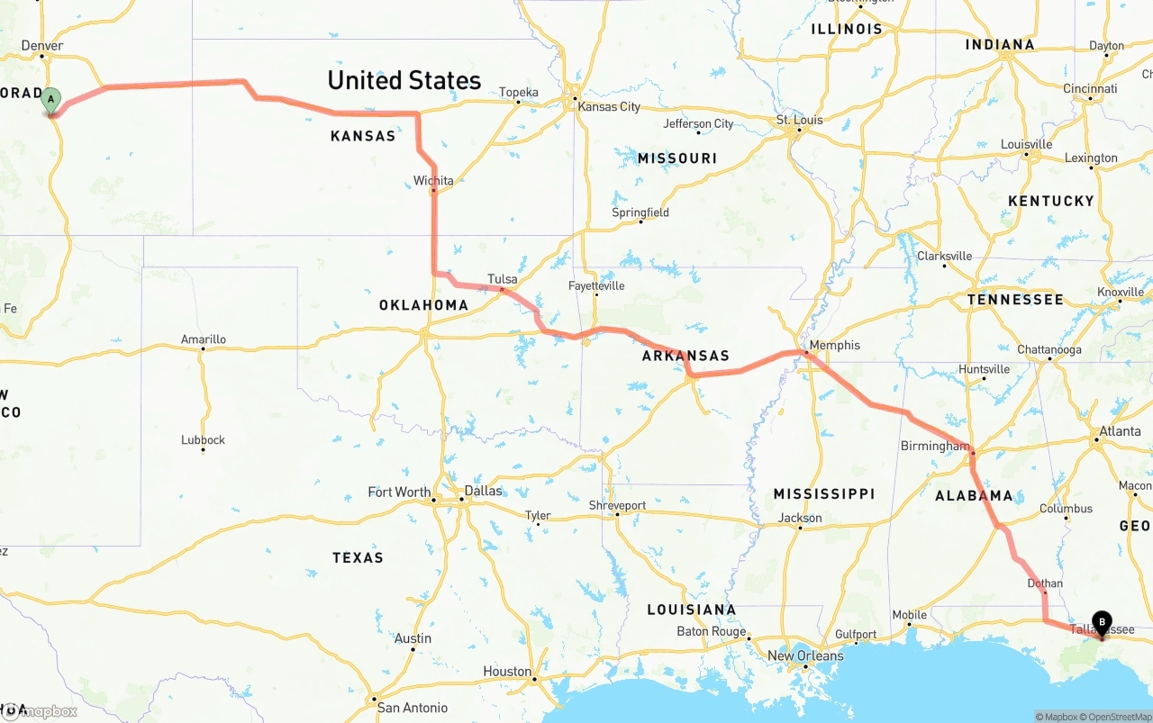 Shipping route from Colorado Springs to Tallahassee